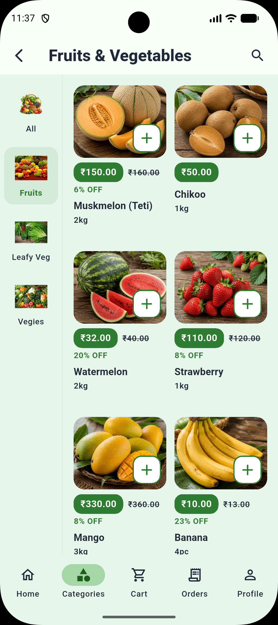 DailyVeg fruits catalog showing fresh muskmelon, watermelon, strawberries, and mangoes with weight options