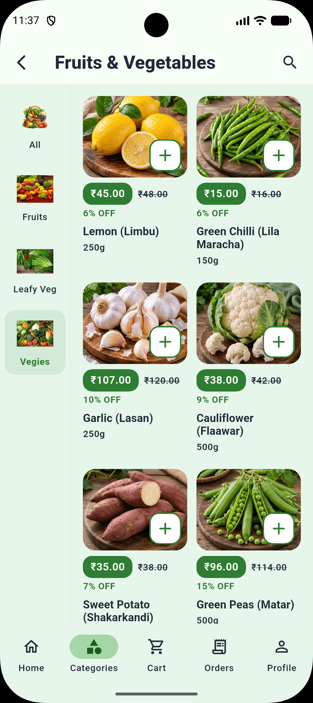 Fresh vegetable delivery app preview in DailyVeg mobile app