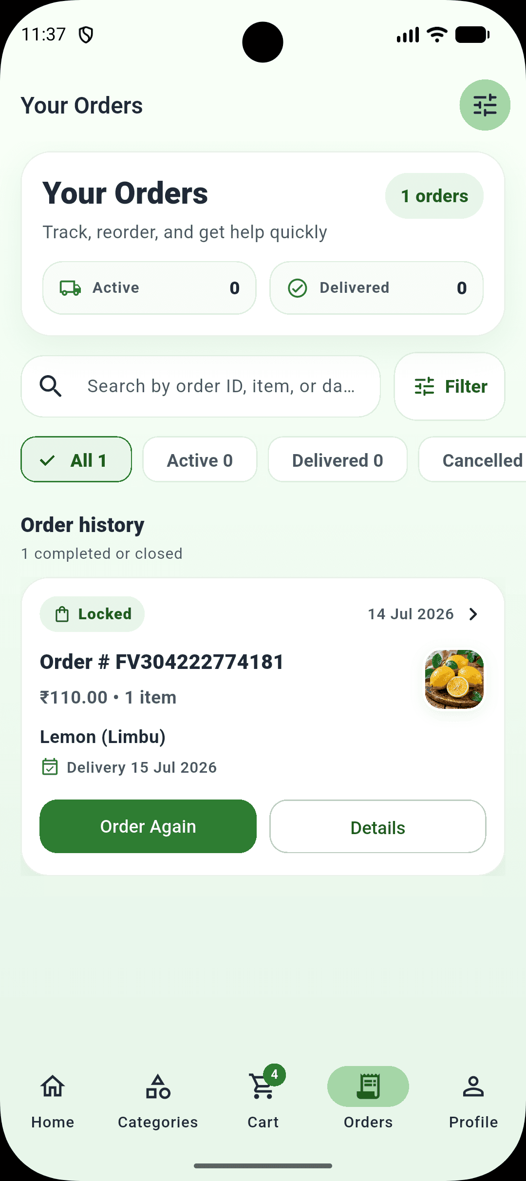 DailyVeg mobile app orders screen showing order history and delivery details