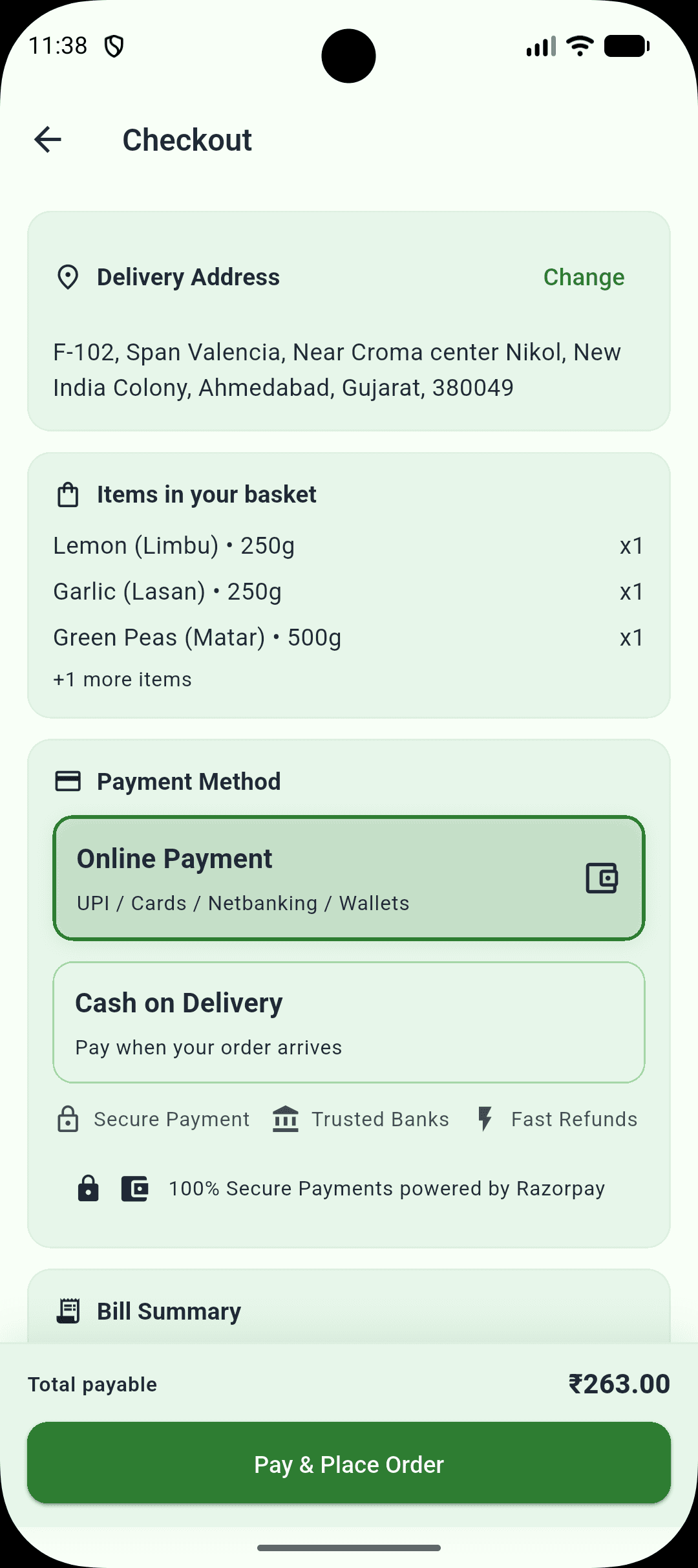 DailyVeg checkout interface with saved Ahmedabad delivery address and secure payment options