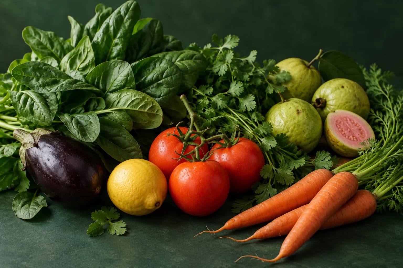 Fresh leafy greens, tomatoes, carrots and seasonal fruit arranged on a deep green surface